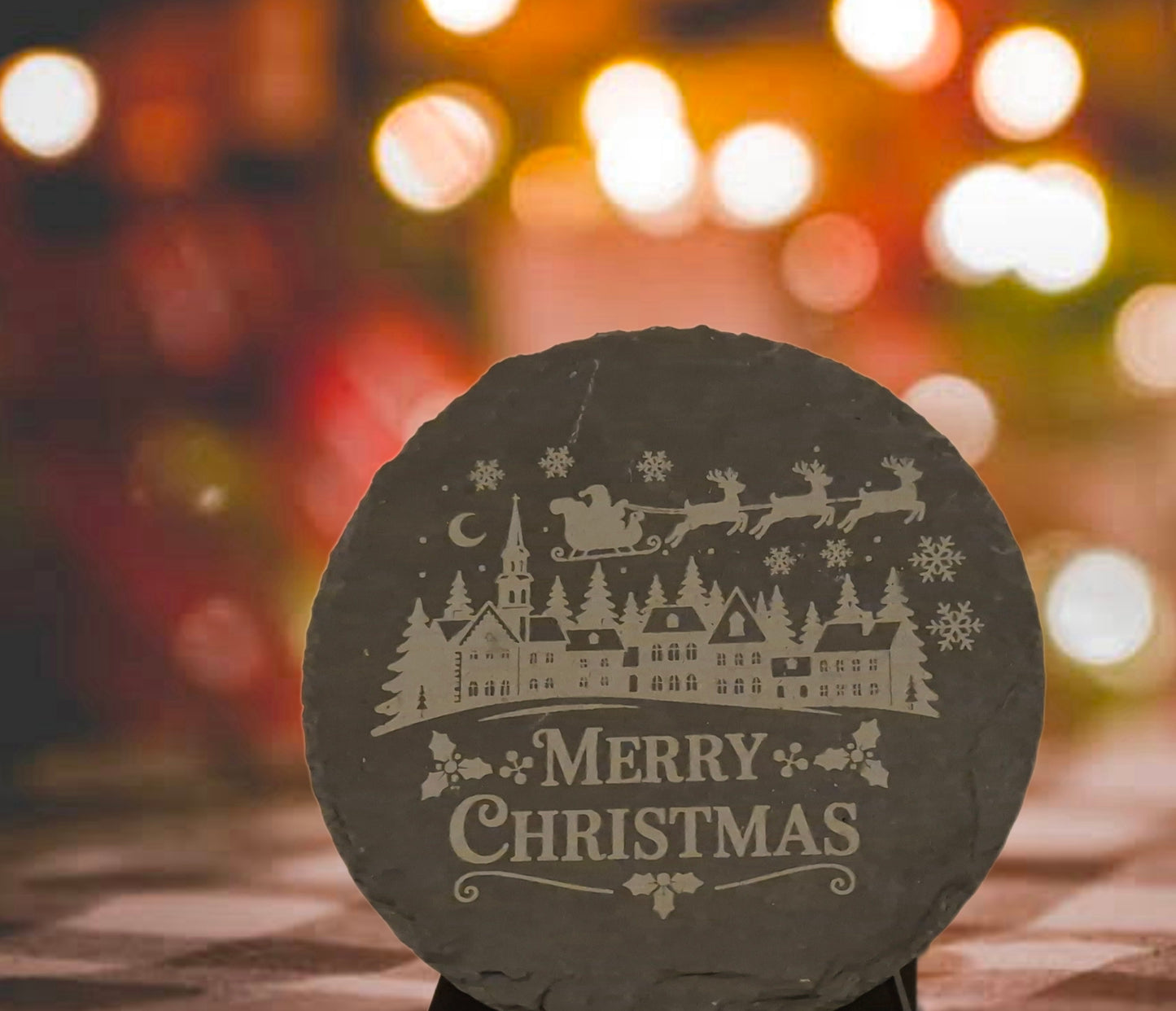 6x Schiefer-Untersetzer mit Weihnachtsmotiv – 6er Set inkl. Ständer - Merry Christmas Slate Coaster